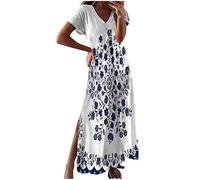 Lässiges Kleid für Frauen mit V-Ausschnitt, Kurzarm, Damenkleider, Vintage-Ethno-Print, Resort-Stil, Langer Rock, Urlaubskleider