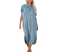 Lässiges Kleid für Frauen mit V-Ausschnitt, Revers, Kurzarm, Damenkleider, solides Denim-Knopfschlitz-Hemd, Langer Rock, Kleider in der Mitte der Wade
