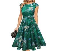 Lässiges Kurzarm Blumenkleid Kleid Damen Elegant A Linie Knielang V Ausschnitt Kurzarm Sommerkleid mit Gürtel Blumenmuster Freizeitkleider für Hochzeit Party L Green