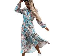 Lässiges, lockeres Kleid für Frauen mit V-Ausschnitt, Revers, langärmlig, Damenkleider, mit Blumenmuster, Taillenbund, Swing-Rock, Spleißen von Kleidern