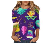 Lässiges, lockeres und vielseitiges T-Shirt mit Rundhalsausschnitt und Karnevalsmotiv für Damen, 7 Zoll Ärmel (7-Purple, XL)