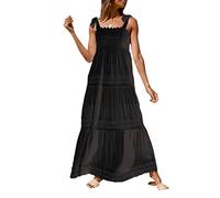 Lässiges Maxikleid für Damen, mit Spitze, Patchwork, gerüscht, quadratischer Ausschnitt, ärmellos, rückenfrei, Boho, großer Saum, Swing-Sling-Kleider, Schwarz , X-Large