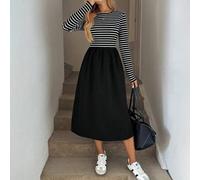 Lässiges Midikleid für Damen, Rundhalsausschnitt, lange Ärmel, taillierter, schwarz-weiß gestreifter, gerüschter A-Linien-Rock, bequem für den Urlaub