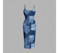 Lässiges, minimalistisches Bodycon-Trägerkleid in Midi-Länge, geeignet für den Sommer, Farbblock in Blau, Kunstfaser-Texturdruck, Frühlingspause, Coco