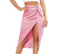 Lässiges modisches Kleid für Frauen, geknoteter Rock, einfarbig, Satin, seitlich geteilt, Damenkleider, Kleider in der Mitte der Wade