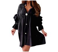 Lässiges, sexy Kleid für Frauen mit V-Ausschnitt, Revers, Trompetenärmeln, Damenkleider, solide, Plissierte Spleißrock, Kurze Boho-Kleider