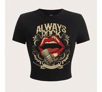 Lässiges, sexy T-Shirt mit rotem Lippendruck, Rundhalsausschnitt, kurzärmlig, tailliert, bauchfreies Top, Sommer