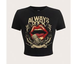 Lässiges, sexy T-Shirt mit rotem Lippendruck, Rundhalsausschnitt, kurzärmlig, tailliert, bauchfreies Top, Sommer