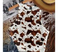 Lässiges, simples Rundhals-Kuh-Muster Western Cowgirl Boho Stil Slim Fit Top für Frauen, geeignet für Sommer, Urlaub, frühlingshaften Chic