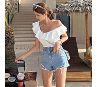 Lässiges Sommer T-Shirt mit asymmetrischem Kragen, Volant-Saum und einfarbigem Design, Crop Top für Frauen