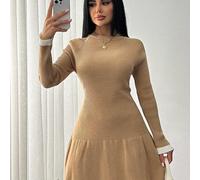 Lässiges Strickkleid für Damen mit Rundhalsausschnitt, Raglanärmeln und Rüschensaum, geripptes Strickkleid, Pulloverkleid, hellbraunes Kleid für Damen