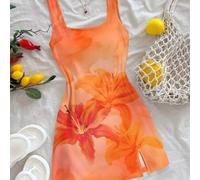 Lässiges Urlaubsstil orangefarbenes Hibiskus tropisches Blume Muster U-Ausschnitt rückenfreies Mini-Kleid, geeignet für Sommer Strandresort