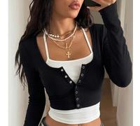Lässiges, vielseitiges 2-teiliges Set mit Neckholder-Tanktop und langärmligem geripptem T-Shirt, Damen-Oberteile im neuen Stil für Herbst/Winter, geei
