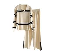 Lässiges zweiteiliges Damen-Set mit Kontraststreifen: Strickpullover mit Kragen iliges Damen-Set mit Kontraststreifen: Strickpullover mit Kragen und Revers sowie passende Hose für den Alltag