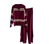 Lässiges zweiteiliges Damen-Set mit Kontraststreifen: Strickpullover mit Kragen iliges Damen-Set mit Kontraststreifen: Strickpullover mit Kragen und Revers sowie passende Hose für den Alltag