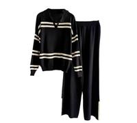 Lässiges zweiteiliges Damen-Set mit Kontraststreifen: Strickpullover mit Kragen iliges Damen-Set mit Kontraststreifen: Strickpullover mit Kragen und Revers sowie passende Hose für den Alltag
