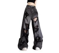 Lafaguw Baggy-Jeans für Damen und Herren, gerades Bein, hohe Taille, Distressed Jeans, Y2K, Grunge-Sommerkleidung., Schwarz3, M