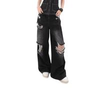 Lafaguw Baggy-Jeans für Damen und Herren, gerades Bein, hohe Taille, Distressed Jeans, Y2K, Grunge-Sommerkleidung., Schwarz5, S