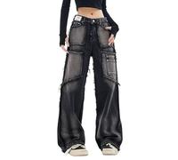 Lafaguw Baggy-Jeans für Damen und Herren, gerades Bein, hohe Taille, Distressed Jeans, Y2K, Grunge-Sommerkleidung., Schwarz2, L