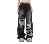 Lafaguw Baggy Jeans für Damen und Herren, Zerrissene Gerade Bein Hosen, Hohe Taille, Distressed Jeans Y2K Grunge Sommerkleidung., schwarz 1, L