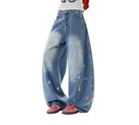 Lafaguw Baggy-Jeans für Damen und Mädchen, Stern-Stickerei, hohe Taille, Barrel Bein, leger, niedlich, adrette Kleidung, Blau1, X-Groß