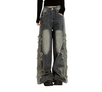 Lafaguw Baggy-Jeans für Damen und Mädchen, Sternen-Patchwork, hohe Taille, süße Jeans, Y2K, Streetwear, lockere Hose, Grunge Emo-Kleidung, Blau, S