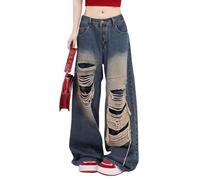 Lafaguw Baggy Jeans Y2K für Damen und Herren, zerrissene, ästhetische hohe Taille, gerades Bein, Vintage-Stil, Streetwear, Grunge-Kleidung., Blau1, S