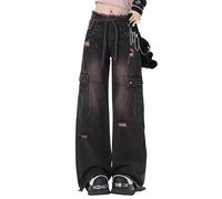 Lafaguw cargohose damen low waist loose jeans tasche weites beintasche casual trendy streetwear grunge emo kleider, Schwarz 5, S