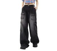 Lafaguw Cargohose für Damen, niedrige Taille, Baggy-Jeans, Tasche, weites Bein, lässig, trendig, Streetwear, Grunge Emo Kleidung, Schwarz7, Groß