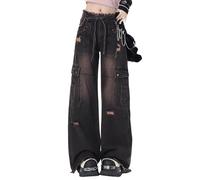 Lafaguw Cargohose für Damen, niedrige Taille, Baggy-Jeans, Tasche, weites Bein, lässig, trendig, Streetwear, Grunge Emo Kleidung, Schwarz5, XS