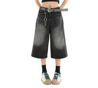 Lafaguw Cropped-Jeans für Damen und Herren, hohe Taille, weites Bein, Baggy-Jorts, Y2K, lässige Denim-Caprihose, Grunge-Sommerkleidung., Schwarz1, Large Kurze Schlauch