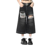 Lafaguw Cropped-Jeans für Damen und Herren, hohe Taille, weites Bein, Baggy-Jorts, Y2K, lässige Denim-Caprihose, Grunge-Sommerkleidung., Schwarz3, Medium Kurze Schlauch