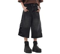 Lafaguw Cropped-Jeans für Damen und Herren, hohe Taille, weites Bein, Baggy-Jorts, Y2K, lässige Denim-Caprihose, Grunge-Sommerkleidung., Schwarz5, X-Small Short