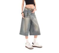 Lafaguw Cropped-Jeans für Damen und Herren, hohe Taille, weites Bein, Baggy-Jorts, Y2K, lässige Denim-Caprihose, Grunge-Sommerkleidung., Hellblau1, X-Large Kurze Schlauch