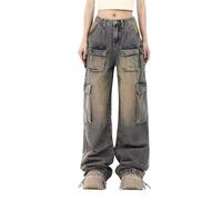 Lafaguw Damen Cargo Hose Niedrige Taille Baggy Jeans Weites Bein mit Taschen Casual Trendy Streetwear Grunge/Emo Style, blau2, XL