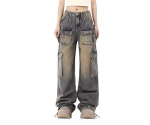 Lafaguw Damen Cargo Hose Niedrige Taille Baggy Jeans Weites Bein mit Taschen Casual Trendy Streetwear Grunge/Emo Style, blau2, XL