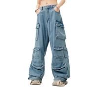 Lafaguw Damen Cargohose Low Waist Baggy Jeans Y2K Pocket Wide Leg Casual Trendy Streetwear Grunge Emo Kleidung, Blau4, L