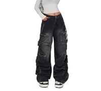 Lafaguw Damen Cargohose Low Waist Baggy Tasche Weites Bein Casual Fashion Streetwear Grunge Emo, Schwarz 1, Large