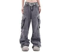 Lafaguw Damen Cargohose mit niedriger Taille, Baggy-Jeans, Tasche, weites Bein, lässige trendige Streetwear, Grunge Emo-Kleidung, Grau (3), M