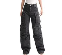 Lafaguw Damen Cargohose mit niedriger Taille, Baggy-Jeans, Tasche, weites Bein, lässige trendige Streetwear, Grunge Emo-Kleidung, Black4, XL