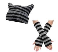 Lafaguw Häkelmützen für Damen und Mädchen, niedlich, gestrickt, gestreift, Armstulpen, Beinstulpen, 80er-Jahre-Emo-Szenen-Zubehör, Grau, Schwarz 3, Einheitsgröße