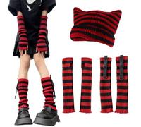 Lafaguw Häkelmützen für Damen und Mädchen, niedlich, gestrickt, gestreift, Armstulpen, Beinstulpen, 80er-Jahre-Emo-Szenen-Zubehör, Rot, Schwarz 1, Einheitsgröße