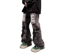 Lafaguw Herren-Cargohose, gerissene Baggy-Jeans, Y2K, elastische Taille, gerades Bein, 90er-Jahre-Stil, Streetwear, Grunge-Kleidung., Schwarz1, Groß