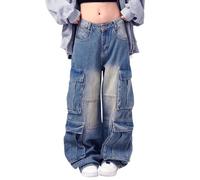 Lafaguw Herren-Cargohose, gerissene Baggy-Jeans, Y2K, elastische Taille, gerades Bein, 90er-Jahre-Stil, Streetwear, Grunge-Kleidung., Schwarz2, L