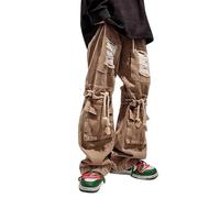 Lafaguw Herren-Cargohose, gerissene Baggy-Jeans, Y2K, elastische Taille, gerades Bein, 90er-Jahre-Stil, Streetwear, Grunge-Kleidung., Khaki1, S