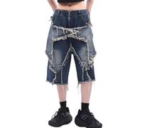 Lafaguw Jorts für Damen und Herren, Sternen-Patchwork, hohe Taille, weites Bein, Baggy-Jeans, Shorts, Gothic, Streetwear, Sommerkleidung, Blau, Large