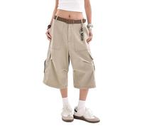 Lafaguw Kurze Jeans für Damen und Herren, hohe Taille, weites Bein, Baggy-Jorts, Y2K, lässige Denim-Caprihose, Grunge-Sommerkleidung., Khaki2, Medium Kurz