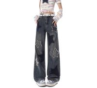 Lafaguw Süße Jeans für Damen und Mädchen, Sternen-Patchwork-Hose, Y2K, hohe Taille, gerades Bein, Baggy-Jeans, lässig, adrette Kleidung, Dunkelblau1, M
