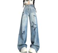 Lafaguw Süße Jeans für Damen und Mädchen, Sternen-Patchwork-Hose, hohe Taille, gerades Bein, legere Kleidung, Blau4, X-Groß