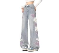 Lafaguw Süße Jeans für Damen und Mädchen, Sternen-Patchwork-Hose, Y2K, hohe Taille, gerades Bein, Baggy-Jeans, lässig, adrette Kleidung, Blau3, S